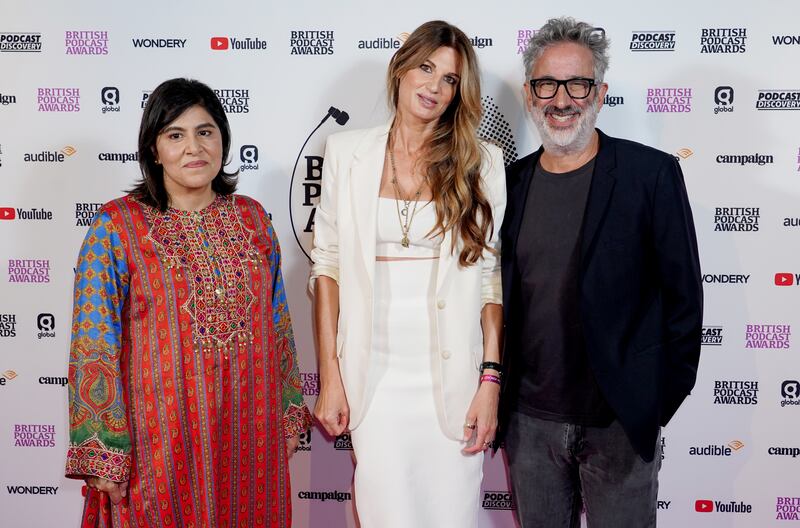 Baroness Sayeeda Warsi, Jemima Khan, and David Baddiel attend the British Podcast Awards 2024 at HERE at Outernet, London