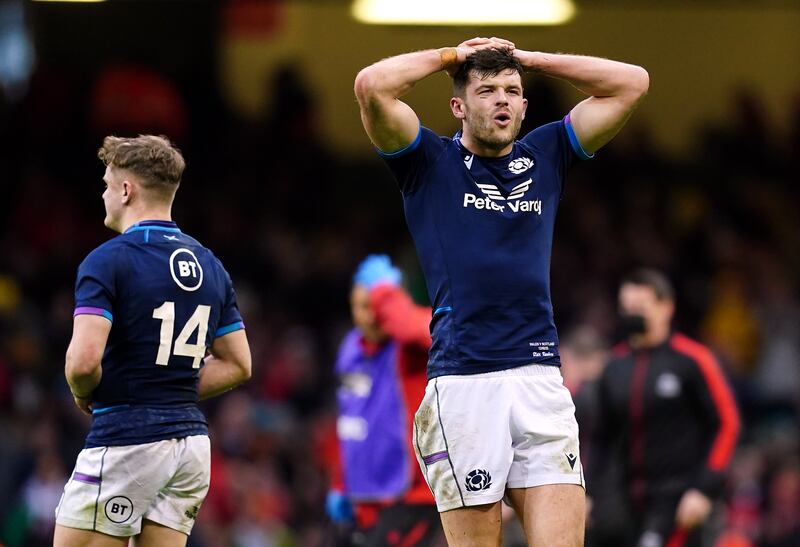 Blair Kinghorn appears dejected after Scotland’s defeat to Wales in 2022, their 11th successive defeat in Cardiff
