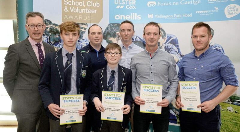 St Mary&rsquo;s Grammar School Magherafelt&rsquo;s Brock team win a Team Merit Award for their sporting accomplishments during the academic year while taking part in the Irish News and Performa Sports Stats for Success initiative. Pictured from left to right is John Brolly of the Irish News, Ryan McEldowney, Brock team captain, Oisin McGurk, St Mary&rsquo;s GS Magherafelt student analyst, Danny and Joe Turley of Performa Sports, John McElhom and Benny Marron, Brock team coaches.