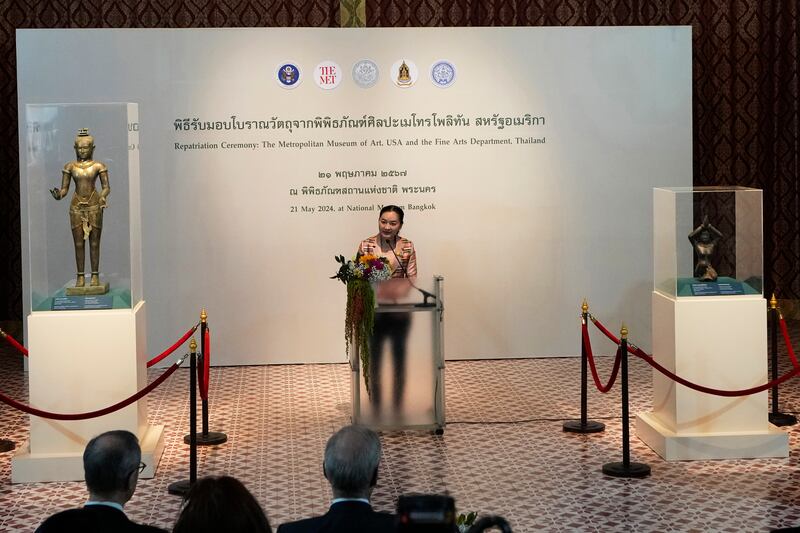 Thai culture minister Sudawan Wangsuphakijkosol during the repatriation ceremony in Bangkok (Sakchai Lalit/AP)