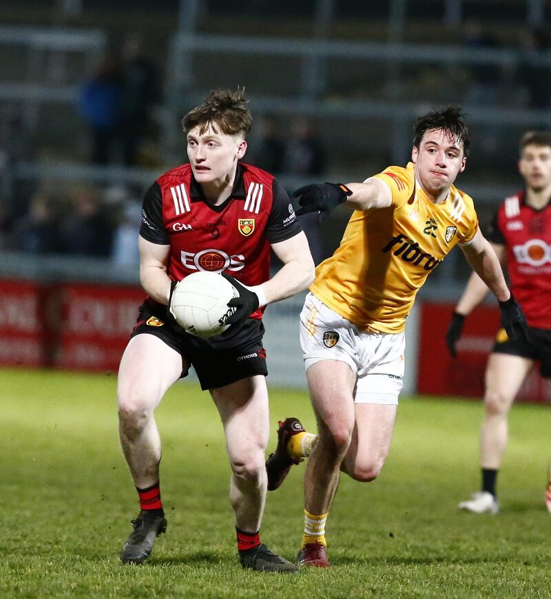 Down's Odhran Murdock and Antrim's Patrick Finnegan in action during the Allianz GAA Football League Division Three Round Two game between Down and Antrim on 02-04-2023 at park Esler Newry. Picture by Philip Walsh.