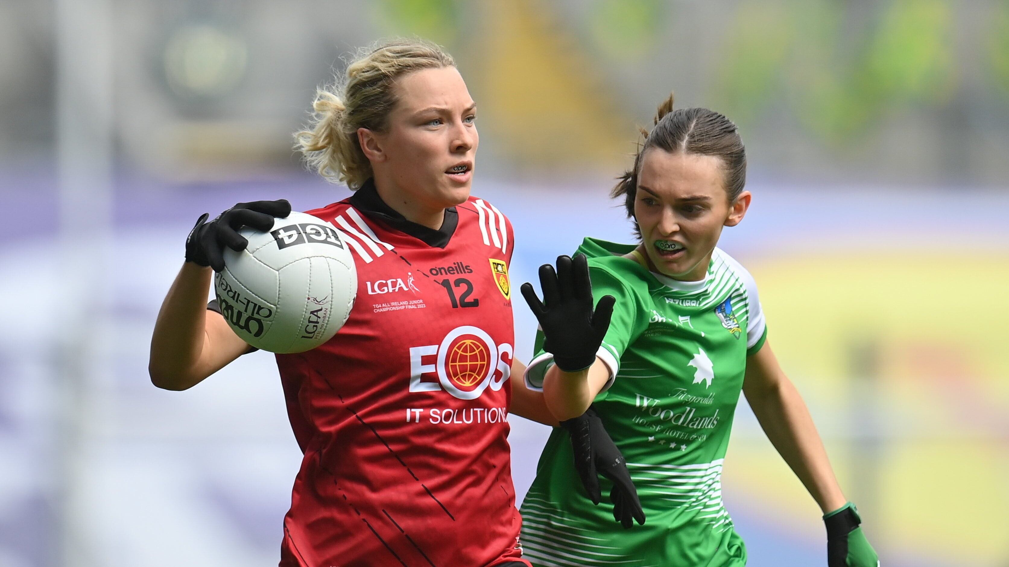 Laoise Duffy of Down in action against Lauren Ryan of Limerick during the 2023 TG4 All-Ireland Ladies Junior Football Championship Final match between Down and Limerick at Croke Park in Dublin. Photo by Seb Daly/Sportsfile