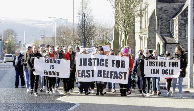 Women march in east Belfast following the murder of Ian Ogle in January. Picture by Ann McManus 