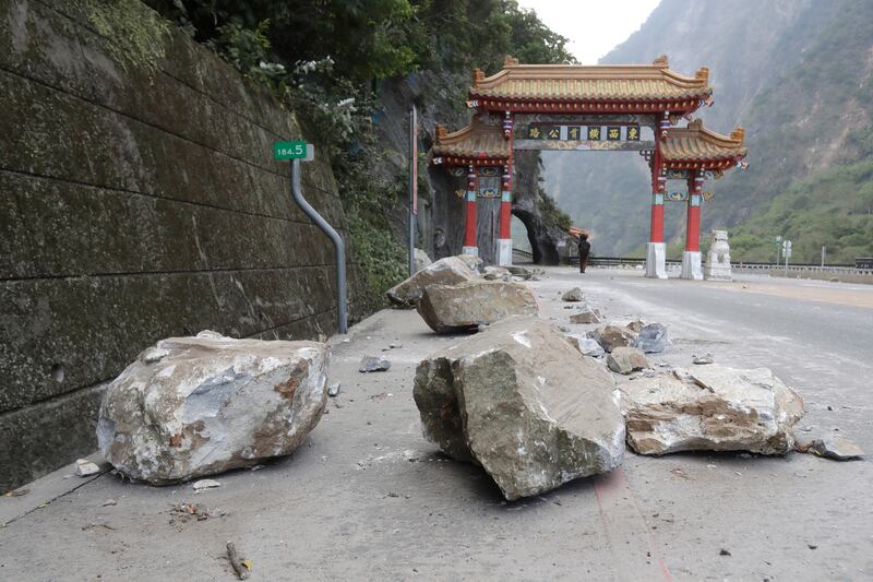 Rocks on the road at the entrance of Taroko National Park in Hualien county, eastern Taiwan (Chiang Ying-ying/AP)