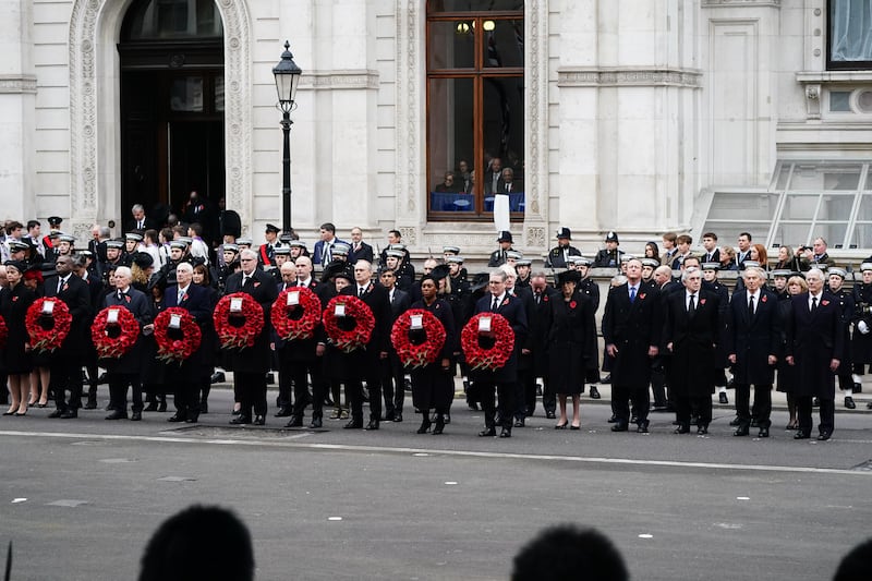 From left, Home Secretary Yvette Cooper, Foreign Secretary David Lammy, Speaker of the House of Lords, Lord McFall, Speaker of the House of Commons, Sir Lindsay Hoyle, DUP leader Gavin Robinson, NP Westminster leader Stephen Flynn, Liberal Democrat leader Sir Ed Davey, Conservative Party leader Kemi Badenoch, Prime Minister Sir Keir Starmer, former prime minister Theresa May, former prime minister Lord David Cameron, former prime minister Gordon Brown, former prime minister Tony Blair, and former prime minister John Major, during the Remembrance Sunday service at the Cenotaph