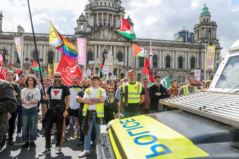 Anti-immigration protestors from Dublin join protestant protestors in Belfast City Centre PICTURE: MAL MCCANN