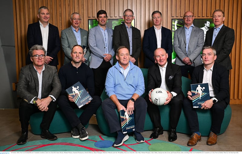 The GAA Football Review Committee members, back row, from left, James Horan, Michael Meaney, Eamonn Fitzmaurice, Patrick Doherty, Shane Flanagan, Malachy O'Rourke and Alec McQuillan, front row, from left, Colm Nally, Michael Murphy, Colm Collins, chairperson Jim Gavin, and Seamus Kenny after a briefing of the GAA Football Review Committee at Croke Park in Dublin.