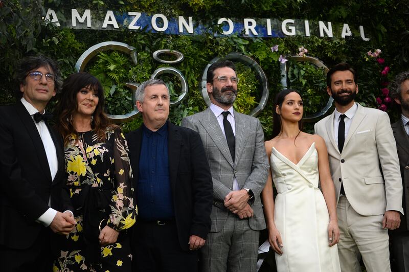 Writer Neil Gaiman, Josie Lawrence, Director Douglas Mackinnion, Jon Hamm, Adria Arjona and David Tennant attending the premiere of Good Omens