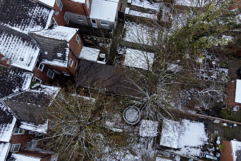 An aerial view of the couple’s rented home and garden