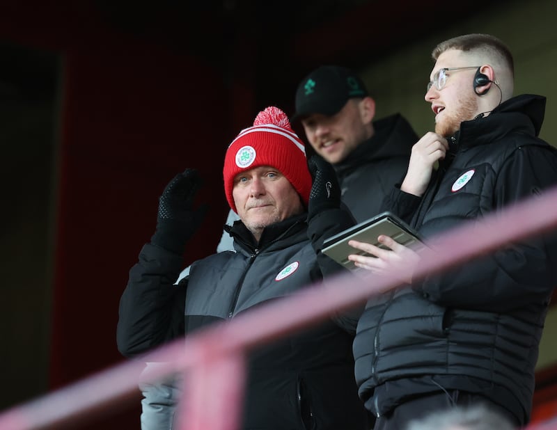 Cliftonville manager Jim Magilton  in the stand   in Today’s game at Solitude Cliftonville v Glentoran    in the Sports Direct premiership 

Desmond Loughery Pacemaker press