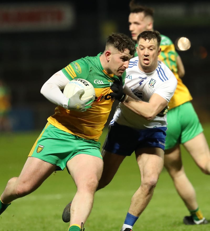 Donegal's Patrick McBrearty and Monaghan's Ryan Wylie in action during the 2022 Bank Of Ireland Ulster GAA Football Dr. McKenna Cup Final between Donegal and Monaghan at  O'Neill's Healy Park Omagh on 01-21-2022. Picture by Philip Walsh.