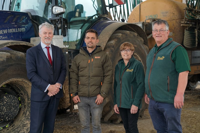 Rural Affairs Secretary Huw Irranca-Davies (left) with staff at Sealands Farm in Bridgend