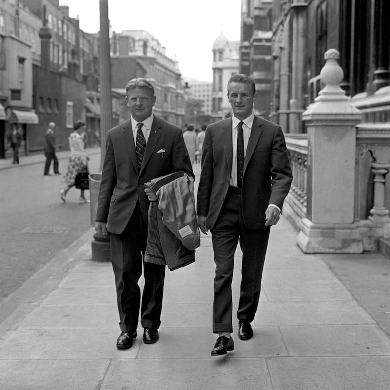 George Eastham (right) with Cliff Lloyd, secretary of the Professional Footballers’ Association, following his landmark legal case