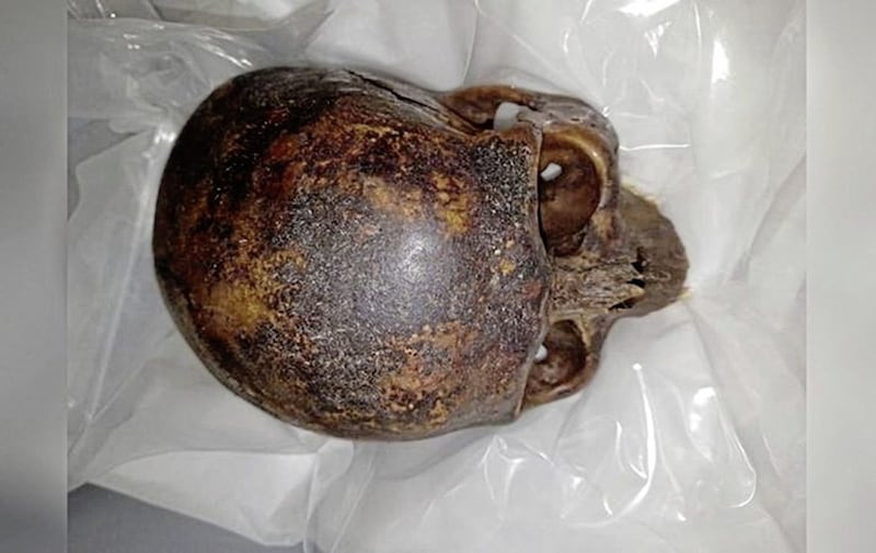 The decapitated head of &quot;The Crusader&quot; mummy, which was stolen from a crypt at St Michan&#39;s Church in Dublin earlier this year 