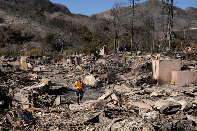 A worker surveys the damage from the Palisades Fire in the Pacific Palisades area of Los Angeles (John Locher/AP)