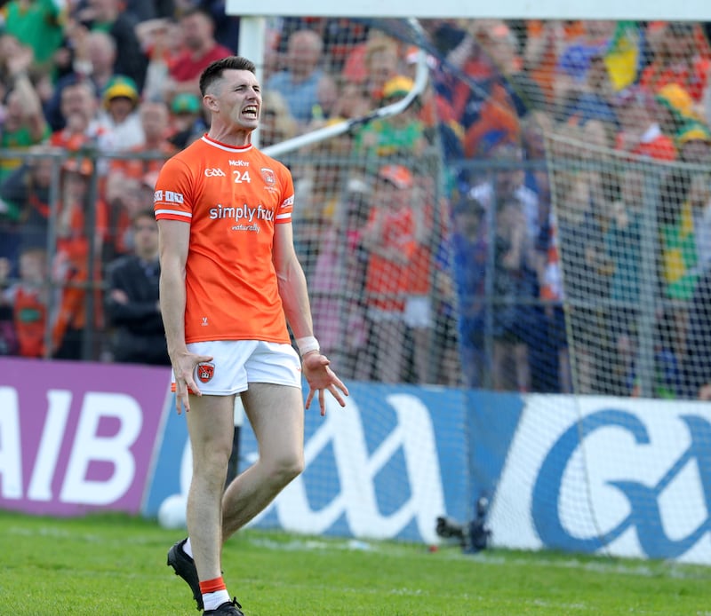 Armagh's Shane McPartland curses his luck after missing his penalty against Donegal. Pic Philip Walsh