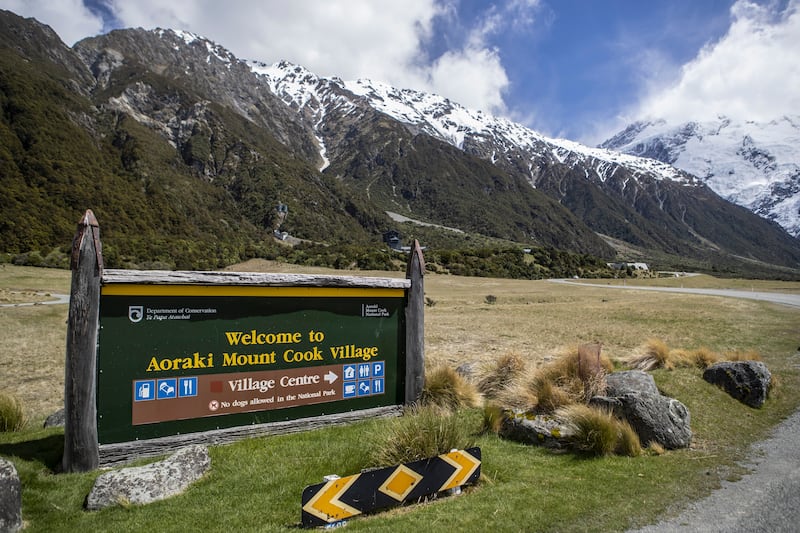 A sign at the entrance to Aoraki/Mount Cook National Park, in the South Island of New Zealand (George Heard/Stuff via AP)