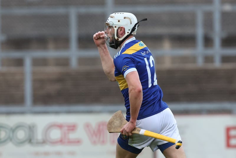 Portaferry’s Eoghan Sands  scores a goal  during the  Down GAA Senior Hurling Championship Final at Pairs Esler on Sunday.
PICTURE COLM LENAGHAN