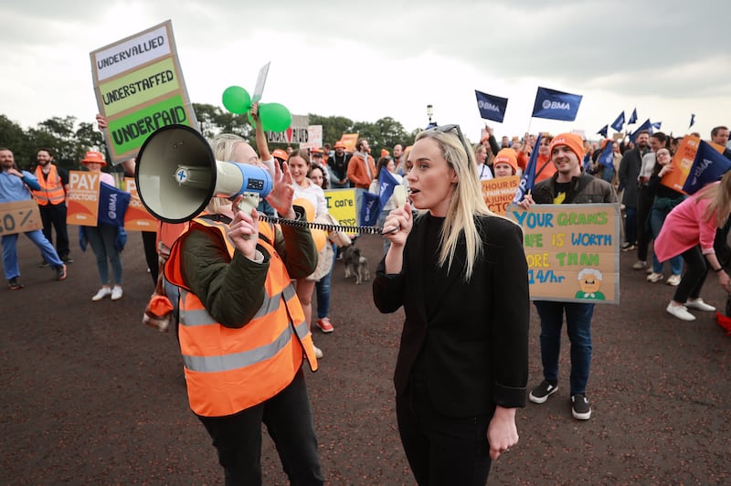 Dr Fiona Griffin, chairwoman of the BMA Northern Ireland junior doctors committee speaking as junior doctors protest outside Stormont