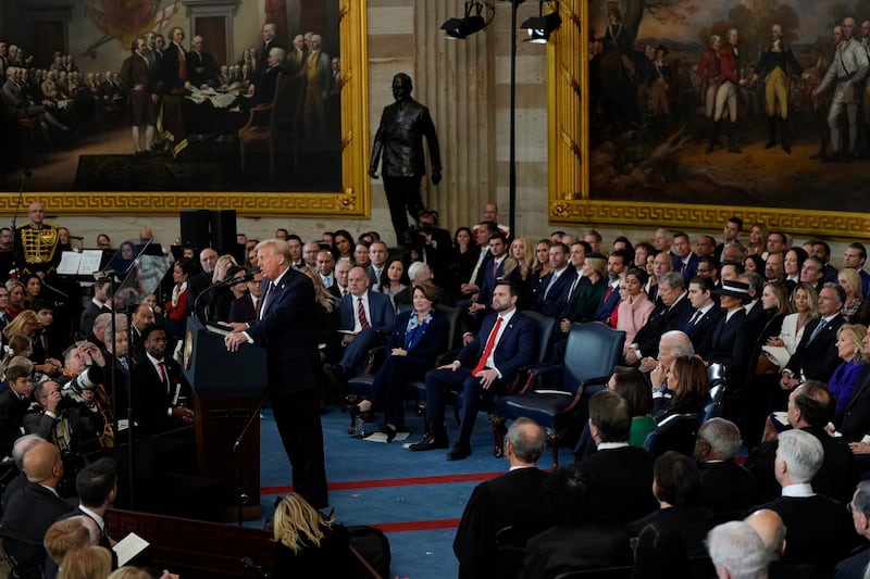 President Donald Trump gives his inaugural address during the 60th Presidential Inauguration in the Rotunda of the US Capitol in Washington (Julia Demaree Nikhinson, Pool/AP)