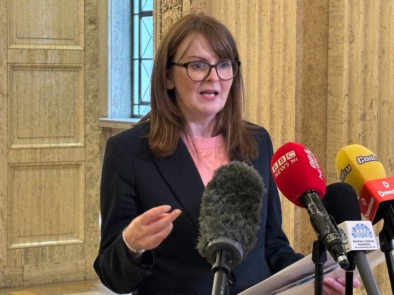 Stormont Finance Minister Caoimhe Archibald speaks to media in the Great Hall in Stormont after meeting with representatives from the Mid South West region, and Causeway Coast and Glens city and growth deals at Parliament Buildings.