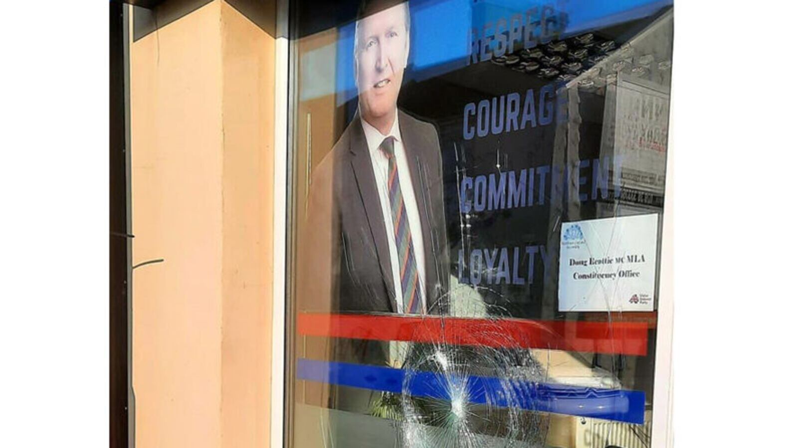 Damage caused at the Portadown office of UUP leader Doug Beattie in 2022.