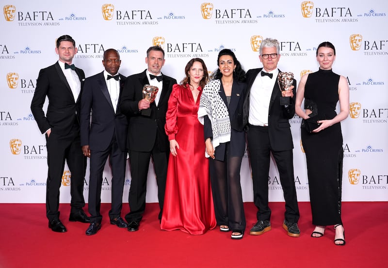 Charles Steel, Gerry Jackson, Alasdair Flind, Tina Pawlik, Myriam Raja and Alice Pearse after winning the drama series award for Top Boy at the Bafta TV Awards 2024