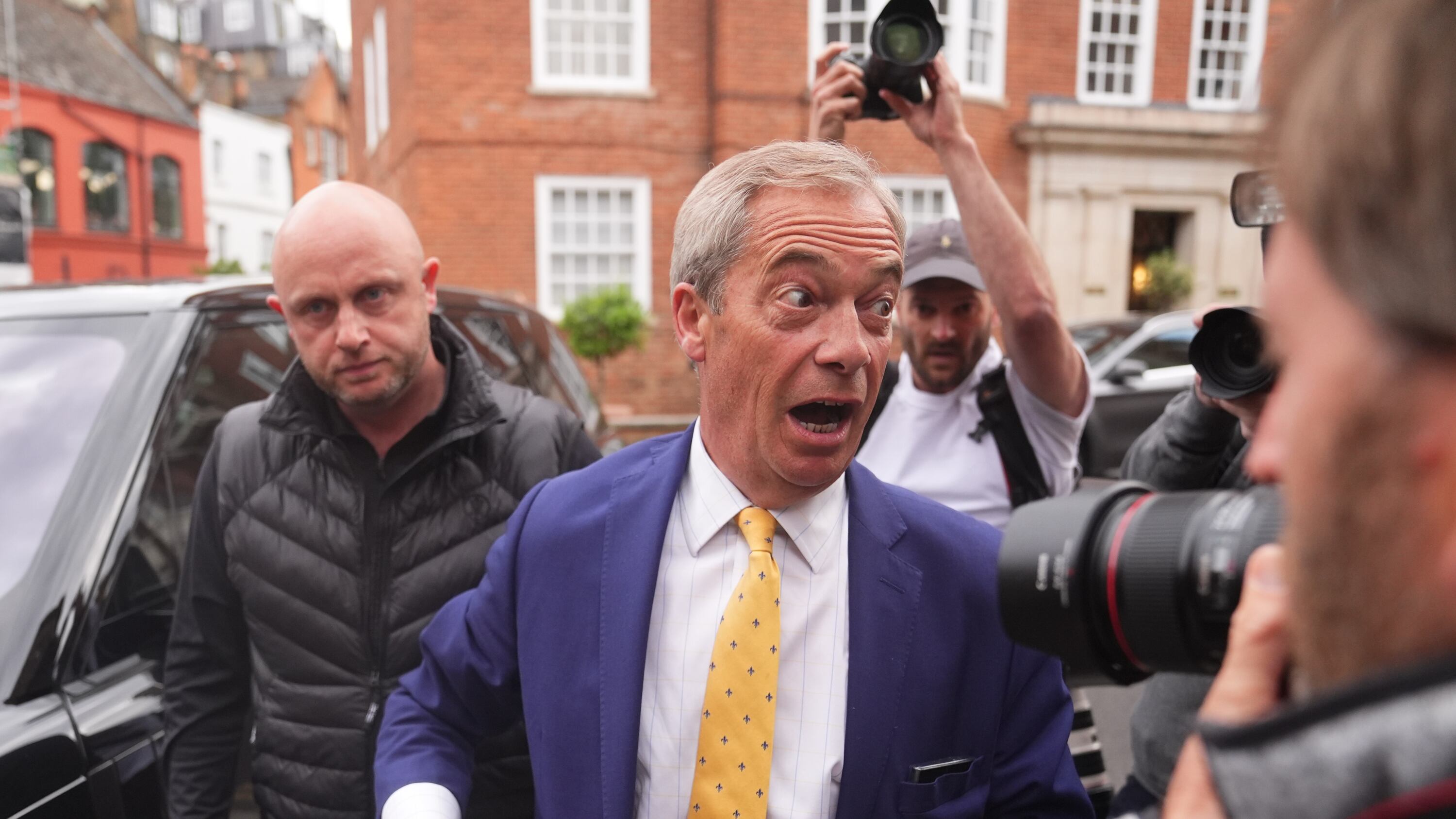 Reform UK leader Nigel Farage arrives at a fundraiser for Donald Trump, hosted by former Neighbours star Holly Valance