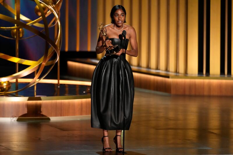 Ayo Edebiri accepts the award for outstanding supporting actress in a comedy series for The Bear during the 75th Primetime Emmy Awards (AP Photo/Chris Pizzello)