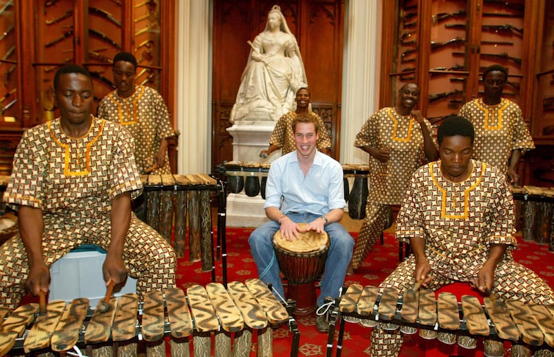 William plays the drums with the Shakarimba band from Botswana ahead of his 21st birthday in 2003