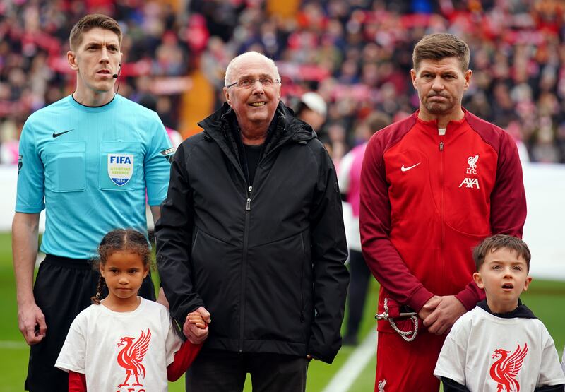 Eriksson, centre, coached a Liverpool Legends team in a match at Anfield in March