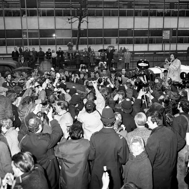 Fans and cameramen at the wedding of the Beatles’ last bachelor, Paul McCartney, at Marylebone Register Office, London