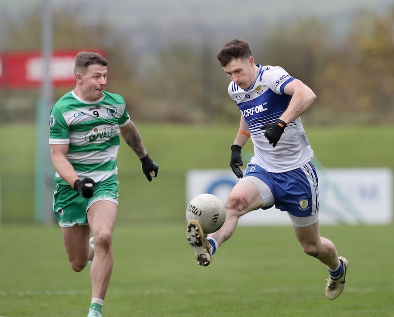 Ballinderry's Gareth McKinless against Mark Creane of Faughanvale in the Derry Intermediate Football Championship Final replay  Picture: Margaret McLaughlin