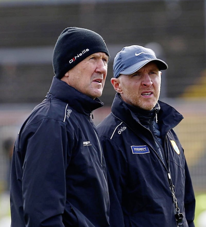 Kerry manager Jack O'Connor (left) and Paddy Tally before this year's Division One game against his native Tyrone at Healy Park, Omagh. Pic Philip Walsh