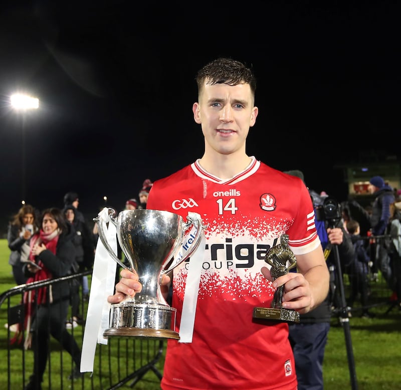 Derry captain Shane McGuigan with the cup and man of the match award after beating Donegal during the Dr McKenna Cup Final played at Healy Park Omagh on Saturday 20th January 2024. Picture Margaret McLaughlin