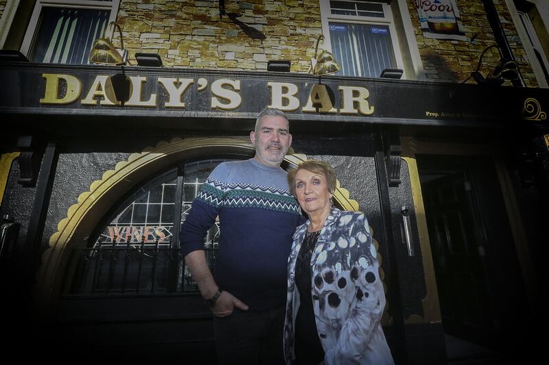 Philomena Begley with her son Aidan Quinn at his bar in Dungannon. Picture by Hugh Russell.