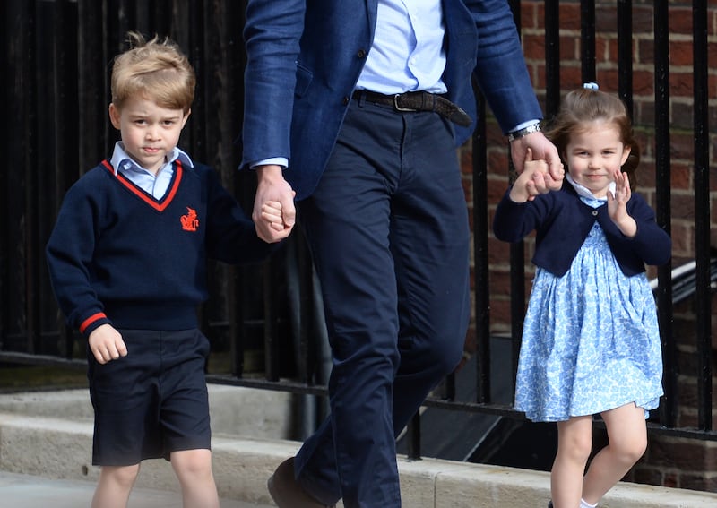 Prince George and Princess Charlotte with their father as they visited their mother and newborn brother Prince Louis at the Lindo Wing at St Mary’s Hospital in London in 2018