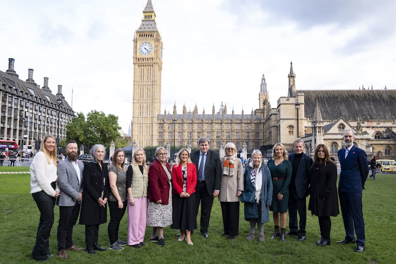 Scottish Liberal Democrat MP Christine Jardine, Labour MP Kim Leadbeater and Conservative MP Kit Malthouse join terminally ill advocates, bereaved families, and campaigners outside the Houses of Parliament