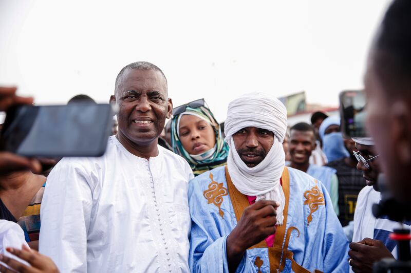 Presidential candidate Biram Ould Dah Ould Abeid rallied his supporters, ahead of the presidential election end of the month, in Nouakchott, Mauritania, Monday, June 24, 2024. (AP Photo/Mamsy Elkeihel)