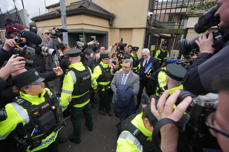 There was a large media and police presence when Sir Jeffrey Donaldson made his first appearance at Newry Magistrates’ Court in April