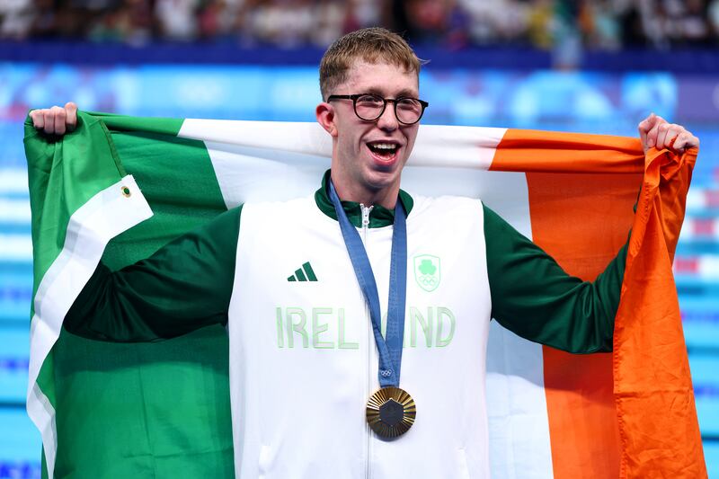 Daniel Wiffen celebrates first gold medal for Ireland in men's swimming (Photo by Maddie Meyer/Getty Images)