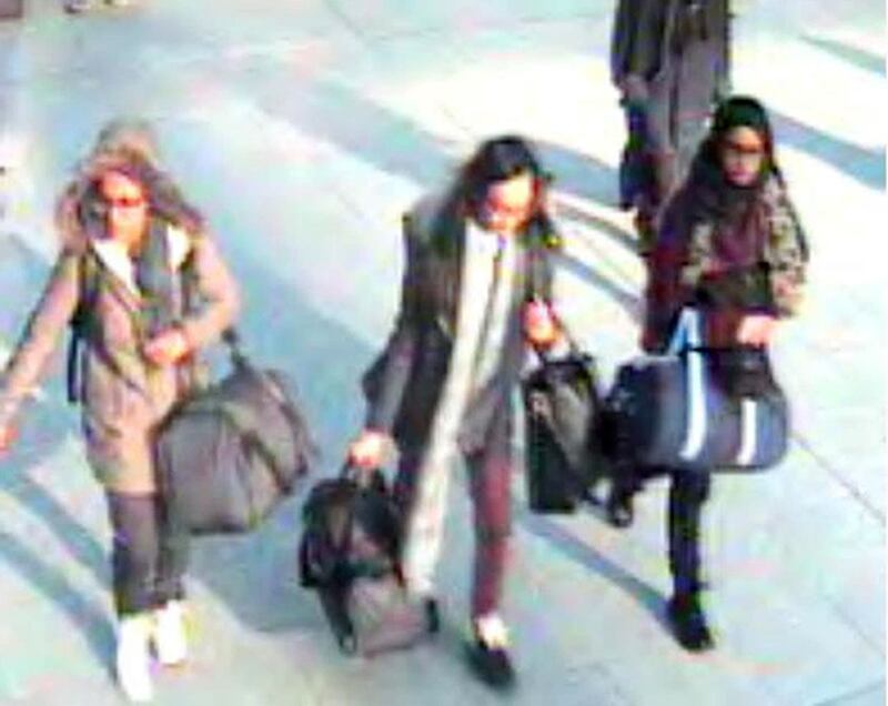 Shamima Begum, then 15, right, at Gatwick Airport on her way to Syria in February 2015