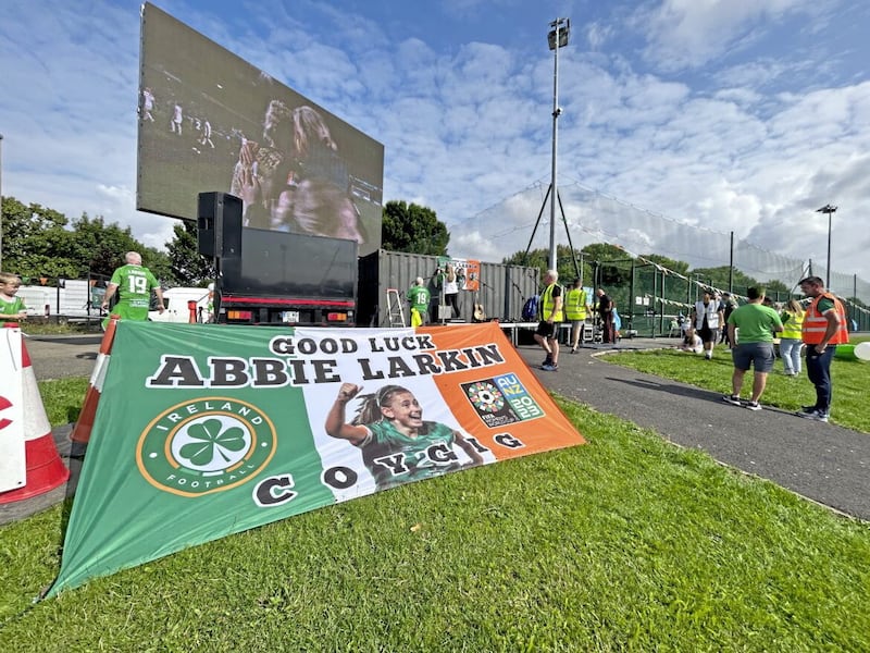 Family and friends of 18-year-old forward Abbie Larkin attend a community viewing event at Irishtown stadium in Dublin, during Ireland&#39;s World Cup adventure 