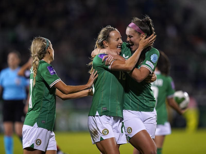 Kyra Carusa, centre, celebrates scoring the Republic of Ireland’s second goal against Georgia