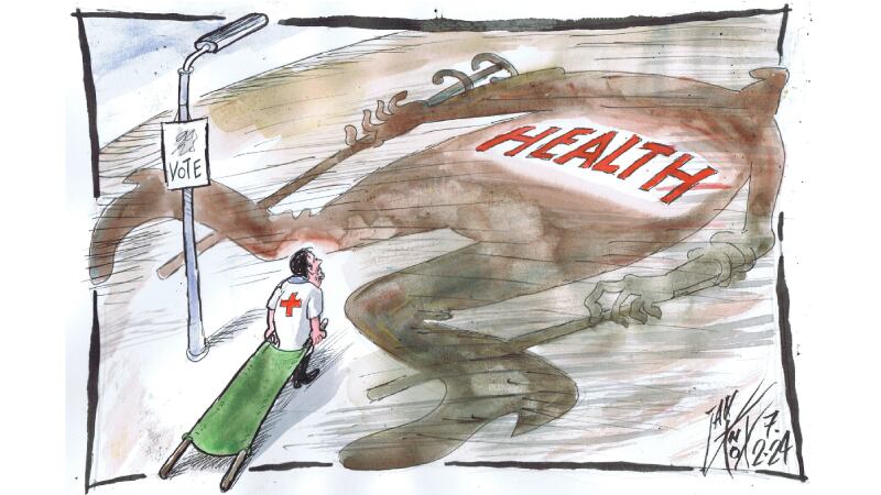 Cartoon showing Robin Swann facing a sinister shadow with the word 'Health' written on it