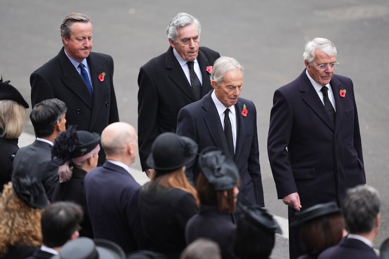 Left to right, former prime ministers Lord David Cameron, Gordon Brown, Sir Tony Blair and Sir John Major during the Remembrance Sunday service