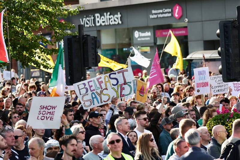 Anti-racism protesters at Belfast City Hall on Friday evening.
PICTURE COLM LENAGHAN